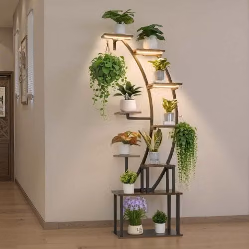 VEVOR Scaffale per Piante Moderno con Luci di Crescita, Espositore in Metallo e Legno Nero con 9 Livelli, Altezza: 160 cm