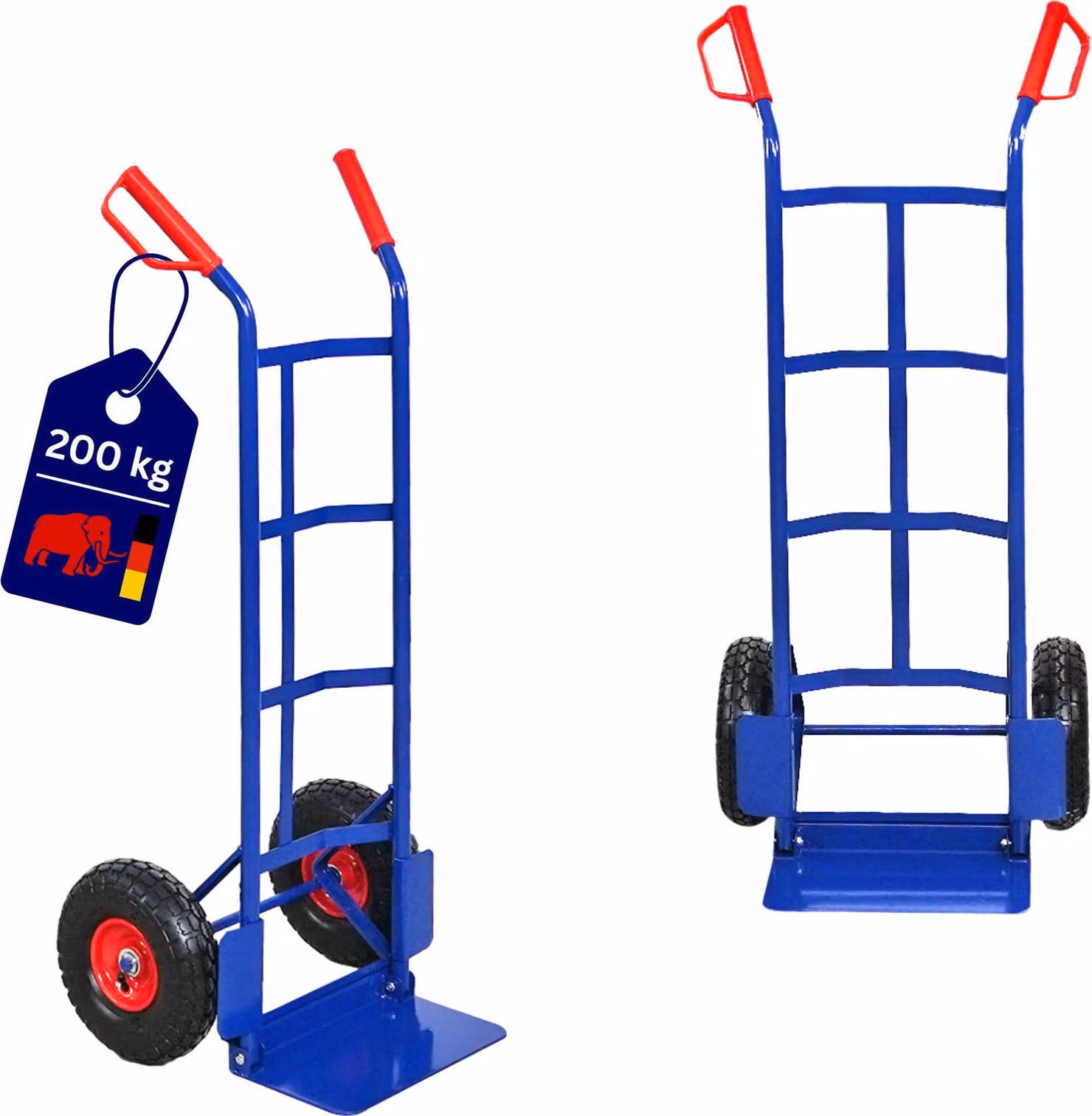 Carrello per sacchi ODIN con benna pieghevole, montanti curvi e pneumatici | Portata 200 kg | HxLxP 115x54x44 cm | Blu | Carrello da trasporto Carrello elevatore pieghevole