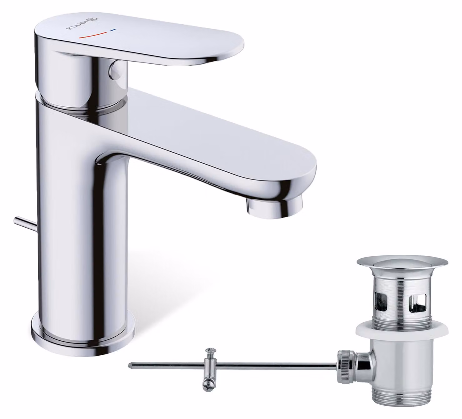 Rubinetto da bagno KLUDI-X1, cromato, con piletta di scarico a tirante e miscelatore a risparmio idrico