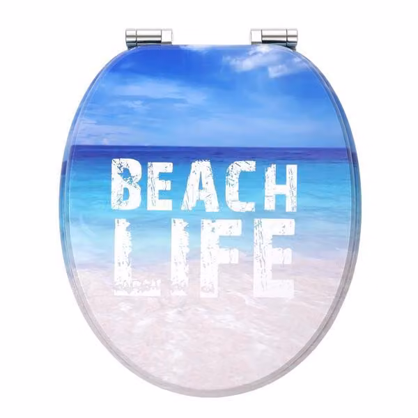Sedile WC con chiusura ammortizzata | Anima in legno | Cerniere stabili con chiusura ammortizzata | Facile da montare | Superficie liscia | Fantastici motivi tra cui scegliere | Copri WC in legno universale (Beach Life)