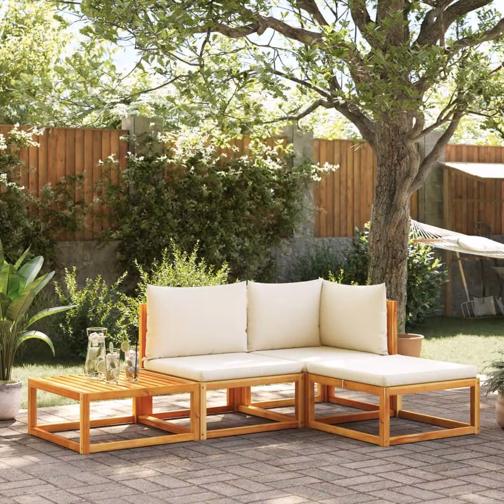 vidaXL Set di divani da giardino a L composto da 4 pezzi in legno di acacia oliato con cuscini beige e bianchi e tavolino da esterno – 1