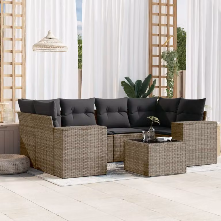 Set di divani da giardino vidaXL in polyrattan grigio con cuscini, tavolino e struttura a L per esterno