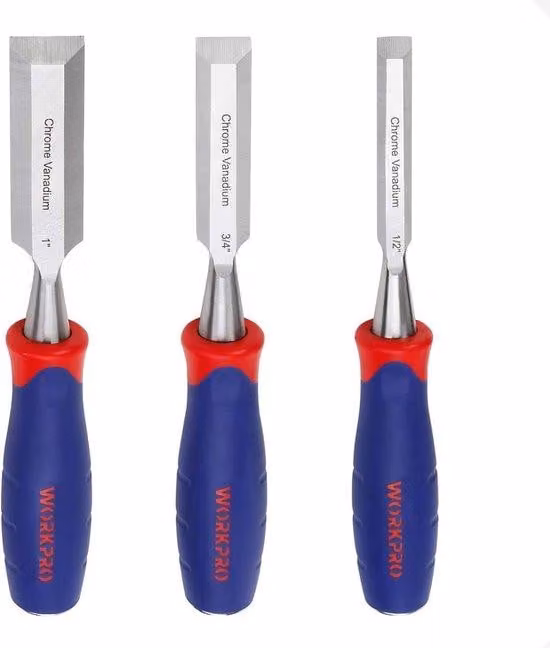 Set di scalpelli Unyqoos® in acciaio Cr-V, 3 pezzi (12/19/25 mm) – lame forgiate e trattate termicamente, dorso in acciaio, impugnature ergonomiche in PP/TPR per lavori in legno