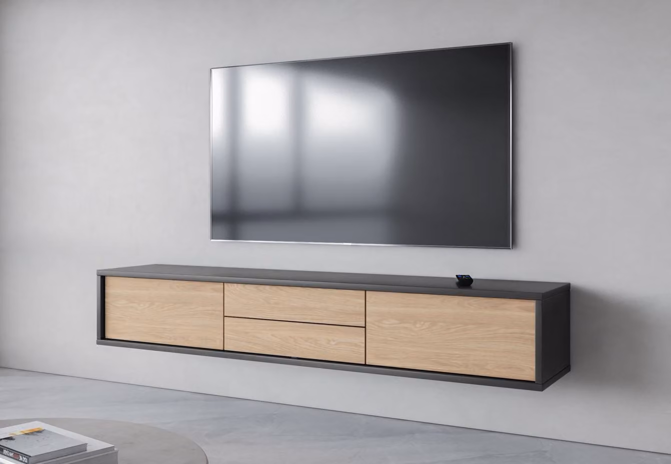 Tavolino sospeso per TV con cassetti IRVING 2 - antracite / rovere oliato