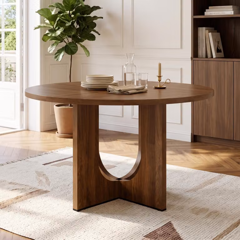 Tavolo rotondo da cucina okwish, design con gamba spezzata, tavolo da pranzo per 4-6 persone, stile moderno, noce