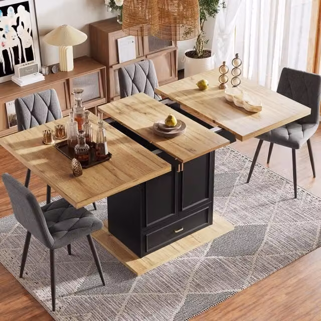 Tavolo da pranzo allungabile con 2 ante, cassetto e ripiani regolabili, in MDF naturale, 110-140 × 80 × 75 cm