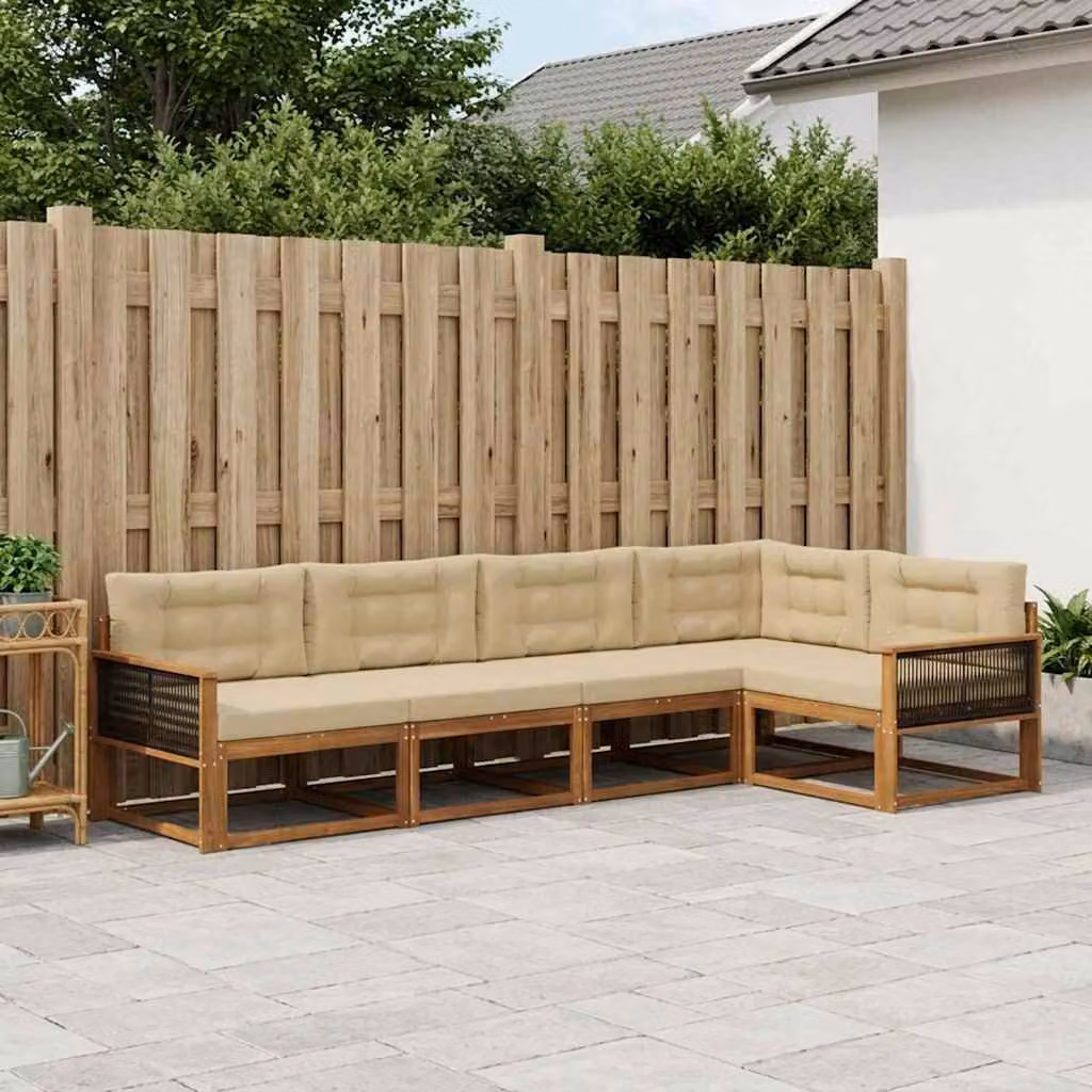 Set di divani da esterno vidaXL a forma di L in legno di acacia con cuscini, Beige e Marrone