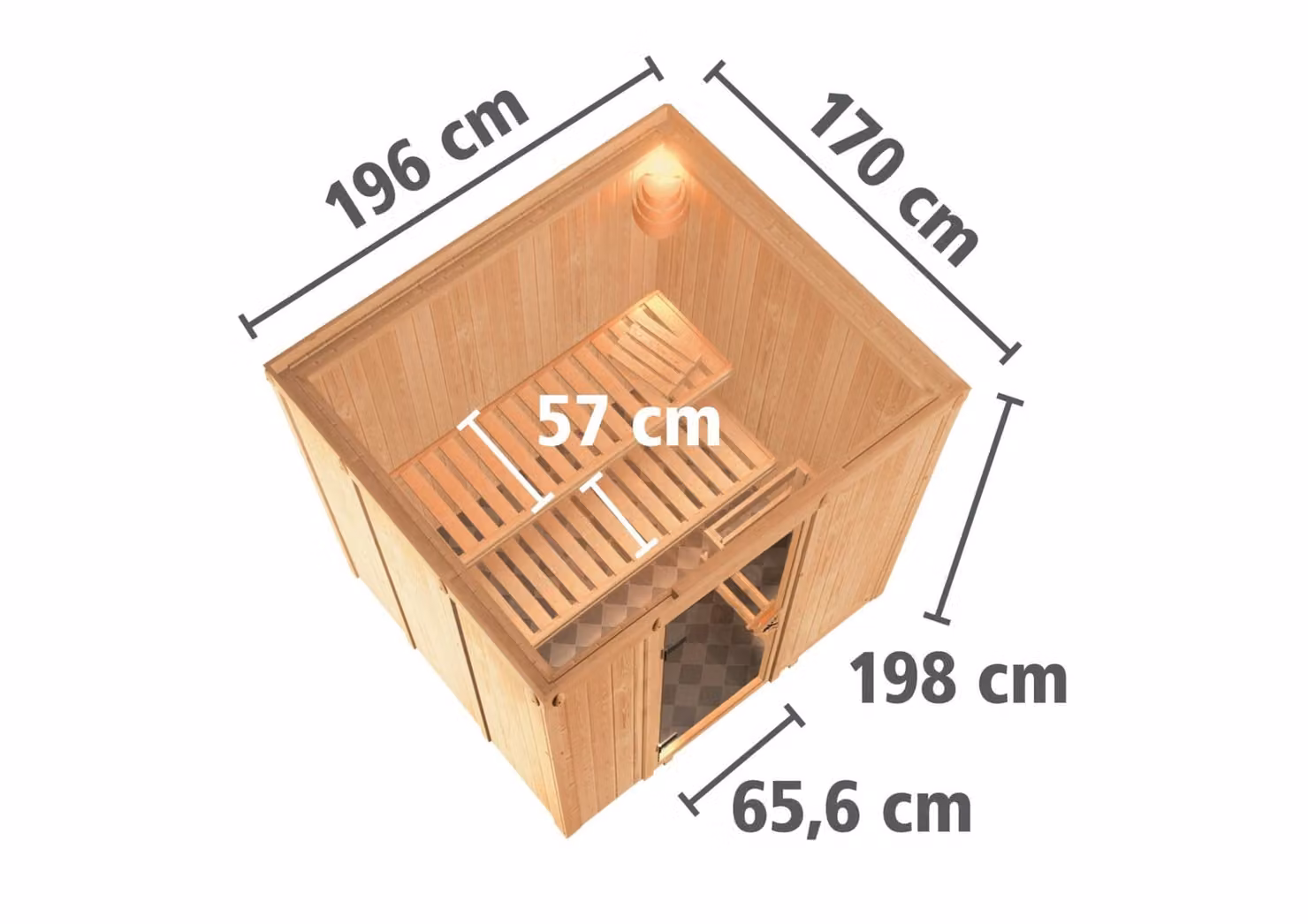 Sauna Karibu Daria (ingresso frontale), porta in legno con vetro isolante, isolata termicamente, trasparente, stufa da 3,6 kW con comando integrato