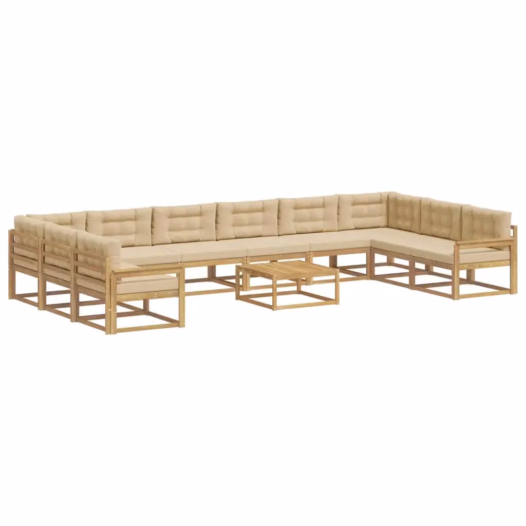 Set di divani da esterno vidaXL in legno di acacia con cuscini, composizione a L con tavolino da caffè, colori bianco, beige e marrone – 2