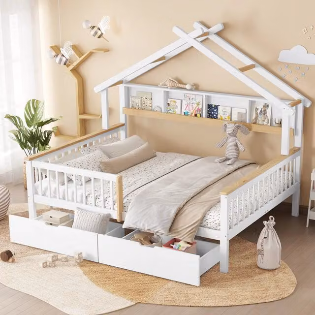 Letto per bambini 140x200 cm a casetta con sponde; 2 cassetti su ruote; pino e MDF; bianco e naturale