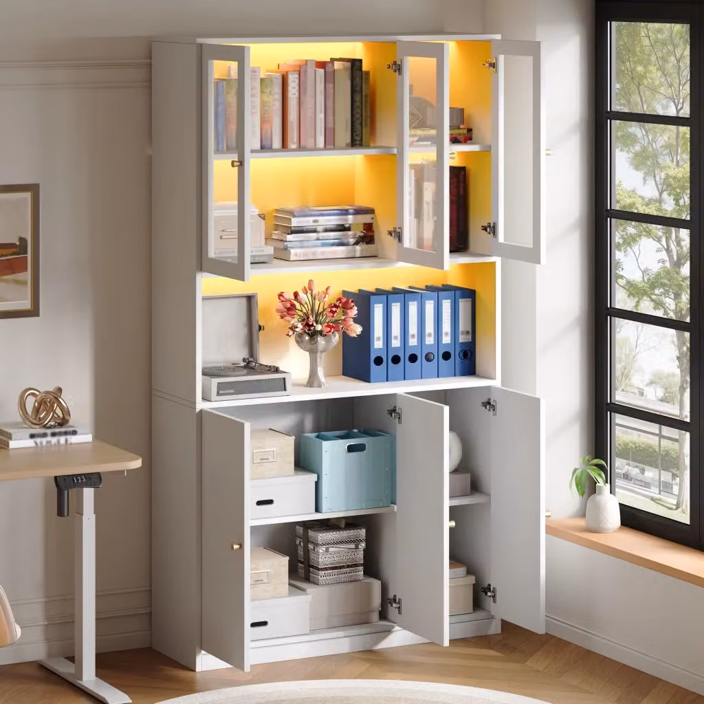 Libreria moderna in MDF bianco con ante in vetro e illuminazione LED integrata, L: 100 cm, P: 35 cm, H: 200 cm – 2