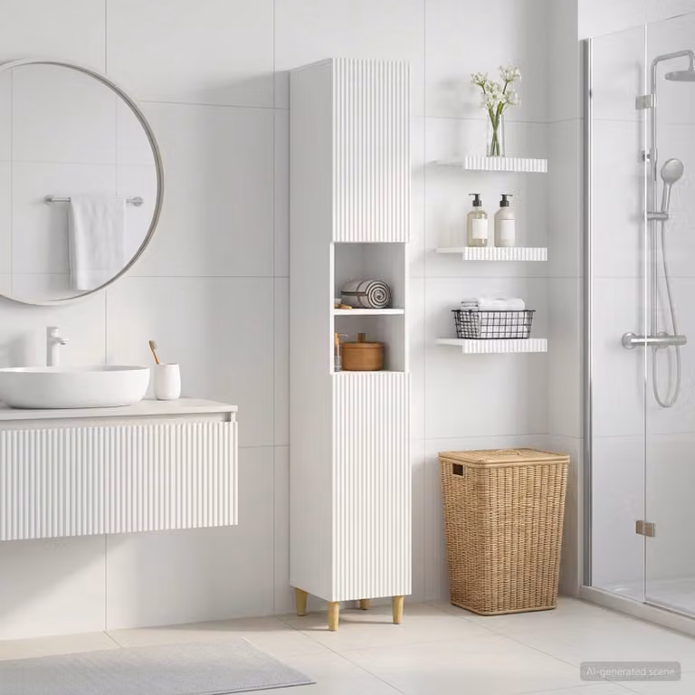 Armadio da bagno moderno vidaXL ARNHEM bianco con ripiano aperto e ante a battente