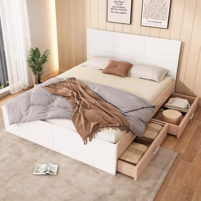 Letto matrimoniale 180x200 cm con 2 cassetti; rete a doghe; bianco e rovere