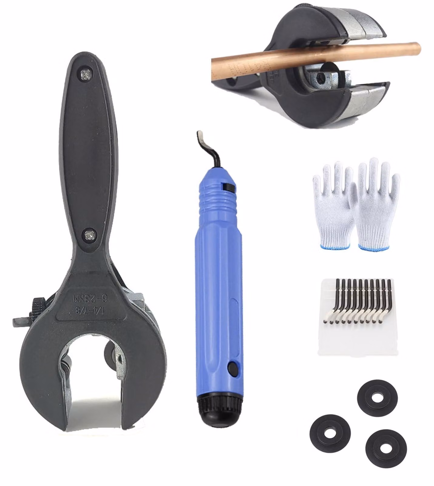 Set per tagliare tubi, con dischi di taglio di ricambio e utensili