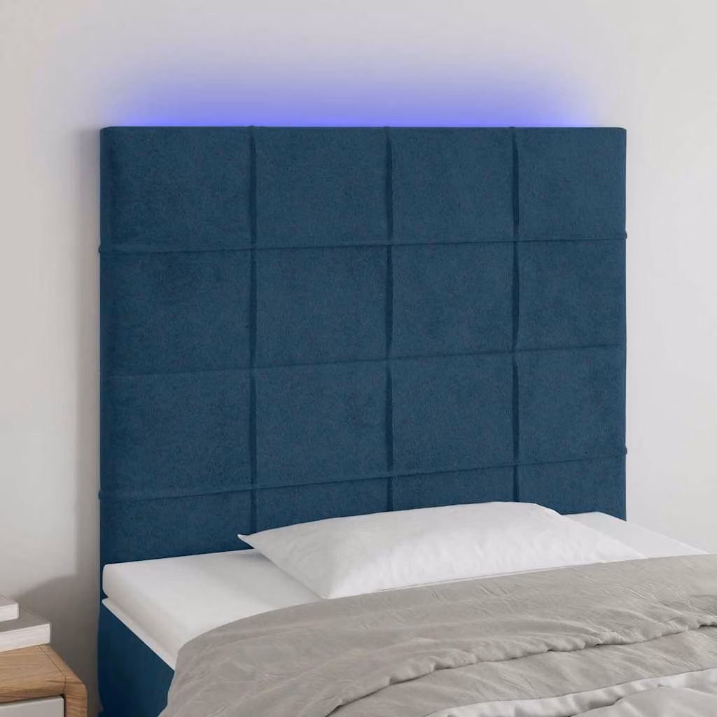 Testiera per letto vidaXL in velluto blu con illuminazione LED e porta di ricarica USB, L 100 cm, P 5 cm, H 118-128 cm