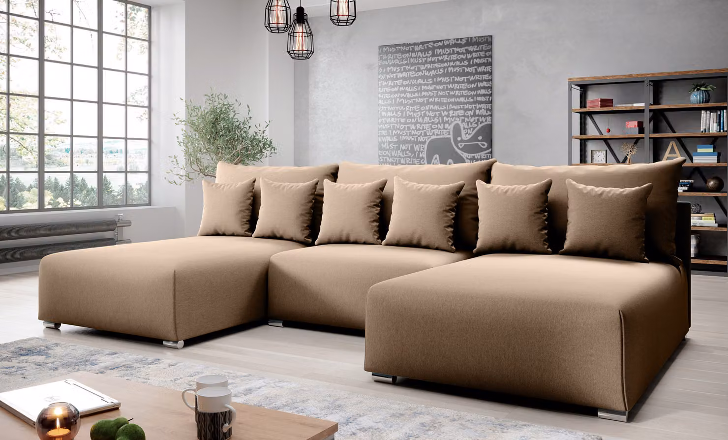 AX LIVING Divano angolare con funzione letto Ederra U 300 cm di larghezza - tessuto beige