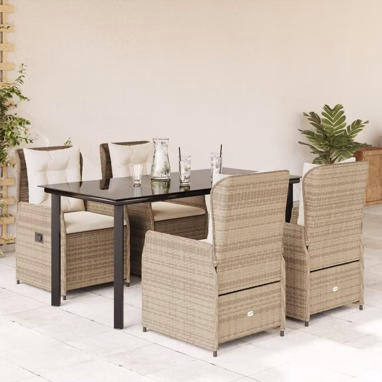 Set da Pranzo da Giardino vidaXL in Polyrattan con Cuscini Beige e Tavolo in Vetro, 5 Pezzi