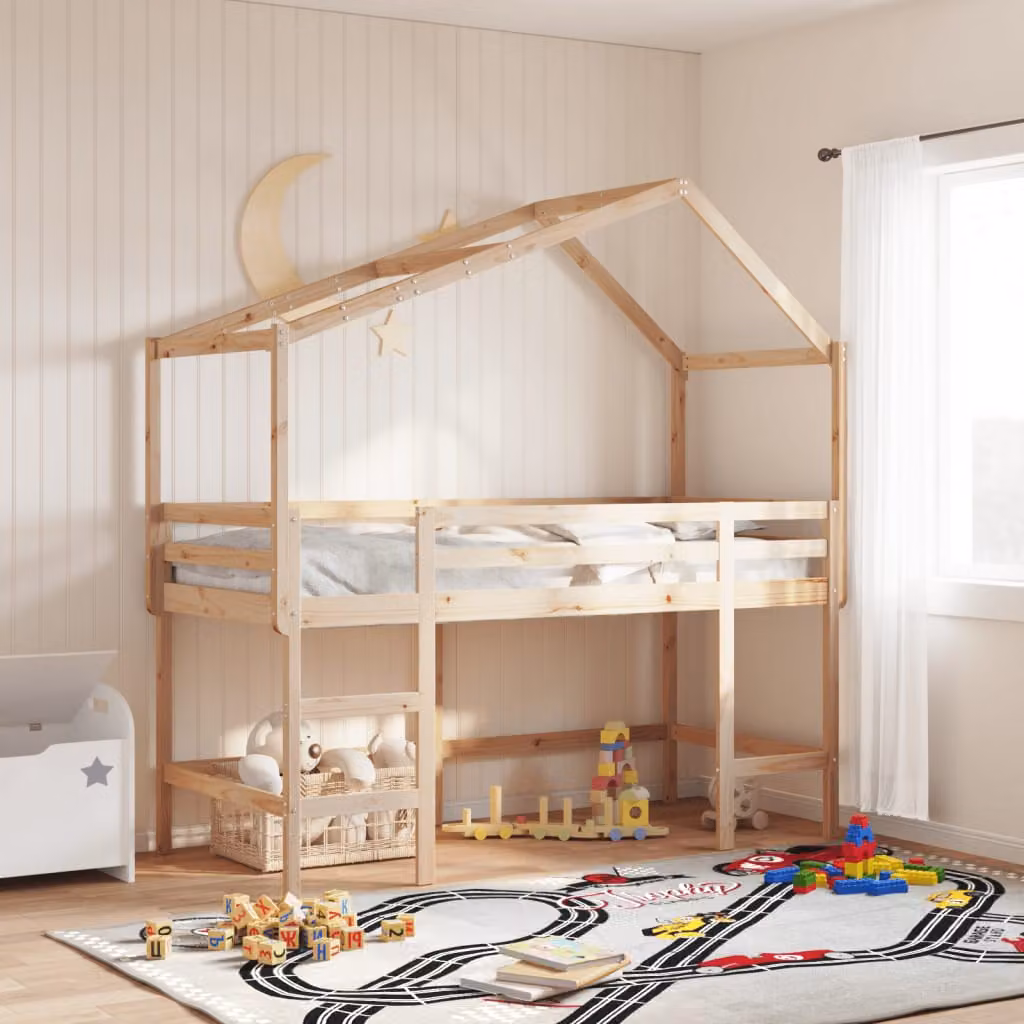 vidaXL Letto Soppalco per Bambini con Scala e Tetto in Legno Massello di Pino, L 200 x P 80 x H 144,5 cm – 1
