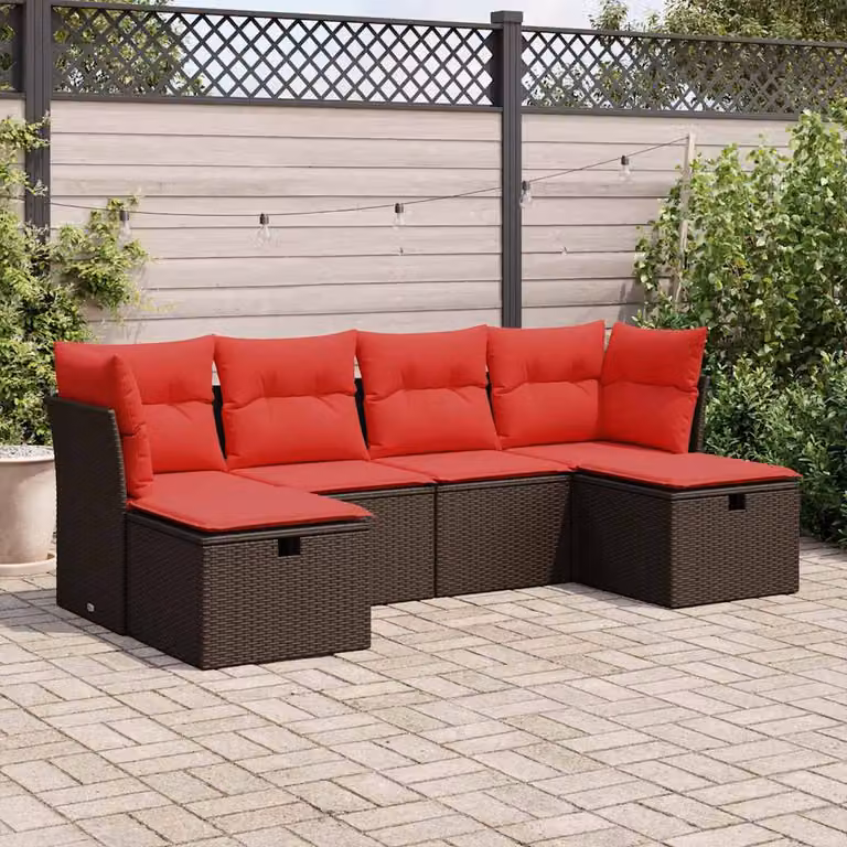 Set Divano da Giardino vidaXL 6 pz a L con Cuscini Marrone e Rosso in Polyrattan e Metallo