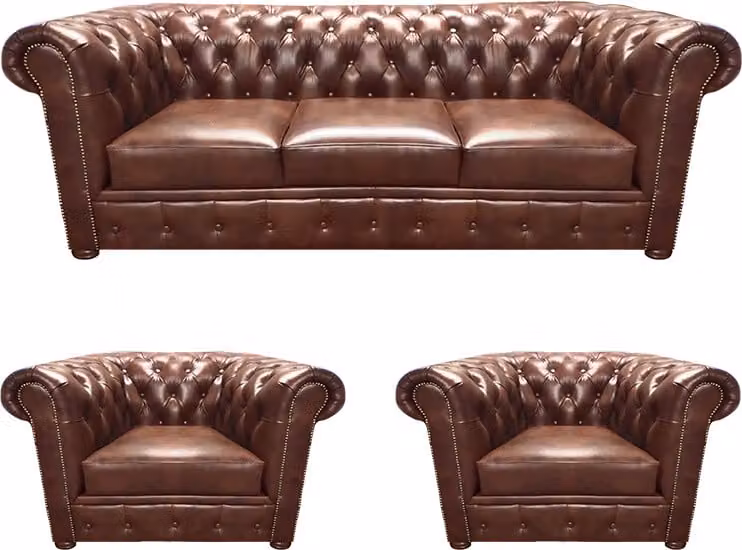 Braun Luxus Sofa Set 3tlg Wohnzimmer Polstermöbel Leder Sitz Chesterfield