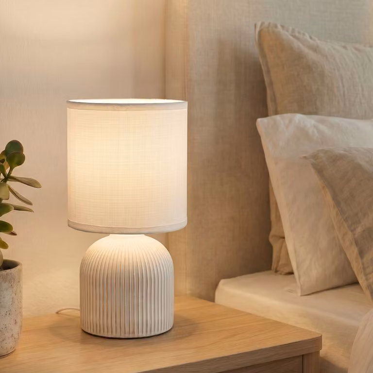 Briloner Ino, lampada da tavolo, paralume in tessuto, interruttore a cavo, base in Vetroceramica, bianco, Ø15 x 28 cm