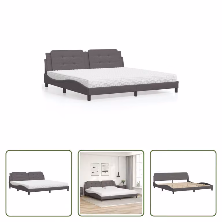 The Living Store Letto con materasso grigio 200x200 cm in ecopelle