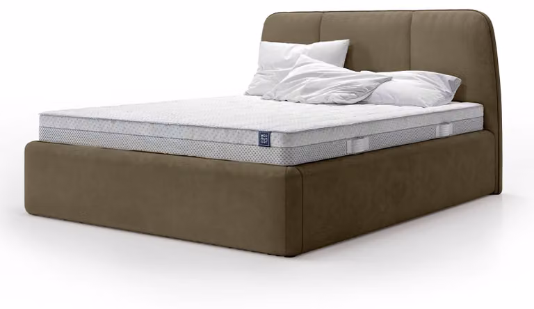 Letto imbottito con contenitore Elle, color taupe naturale, dimensioni 160 x 200 cm