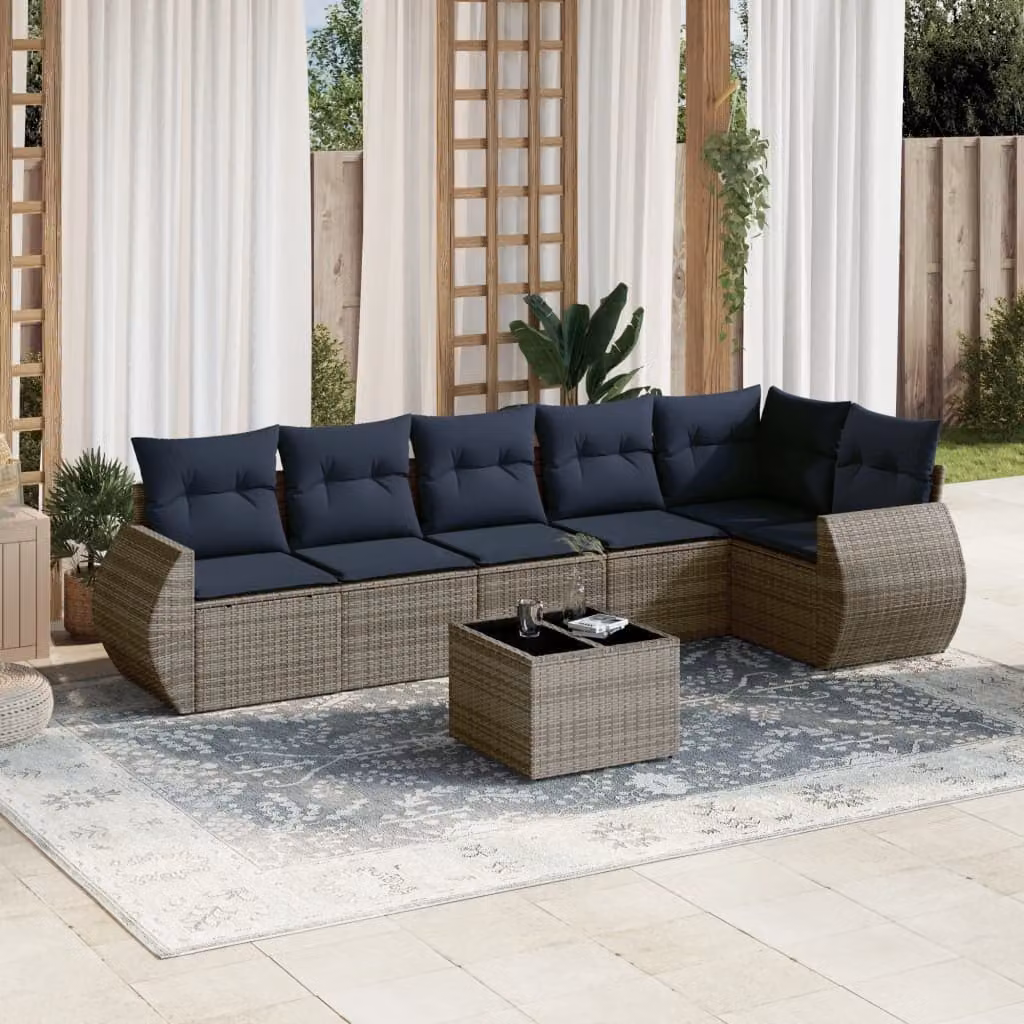 Set Divani da Giardino vidaXL 7 pz in Polyrattan Grigio con Tavolino e Cuscini con Coperture Rimosse