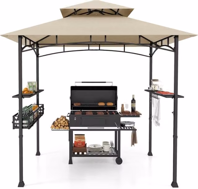 Gazebo barbecue con 2 ripiani laterali cestino ganci appendiutensili, Tendone da esterno per barbecue 242x153cm Beige