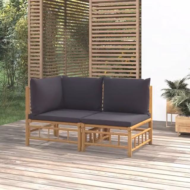 Set Salotto da Giardino a L vidaXL in Bambù con Cuscini Grigio Scuro