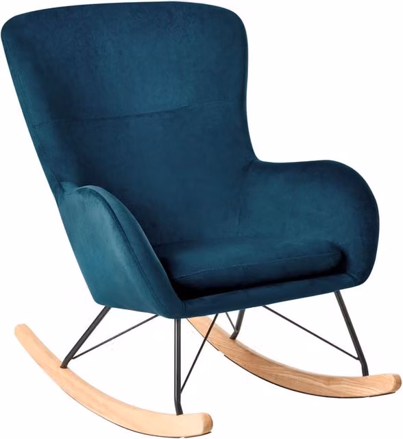 Sedia a dondolo Beliani in velluto blu con gambe in metallo e pattini in legno di gomma, stile moderno – 1