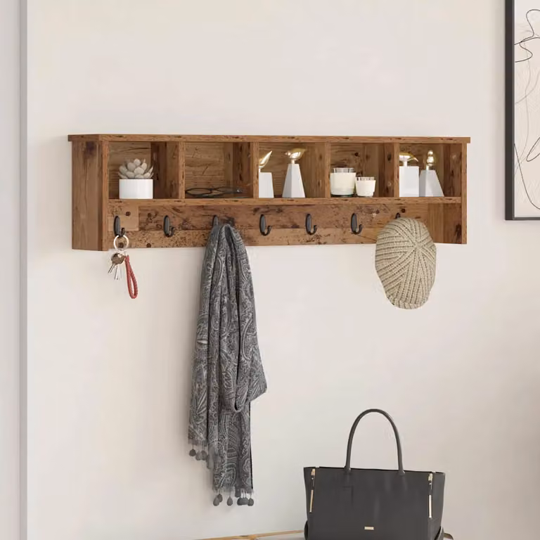vidaXL Appendiabiti a muro in legno vecchio marrone L: 100 cm, P: 26 cm, H: 16 cm