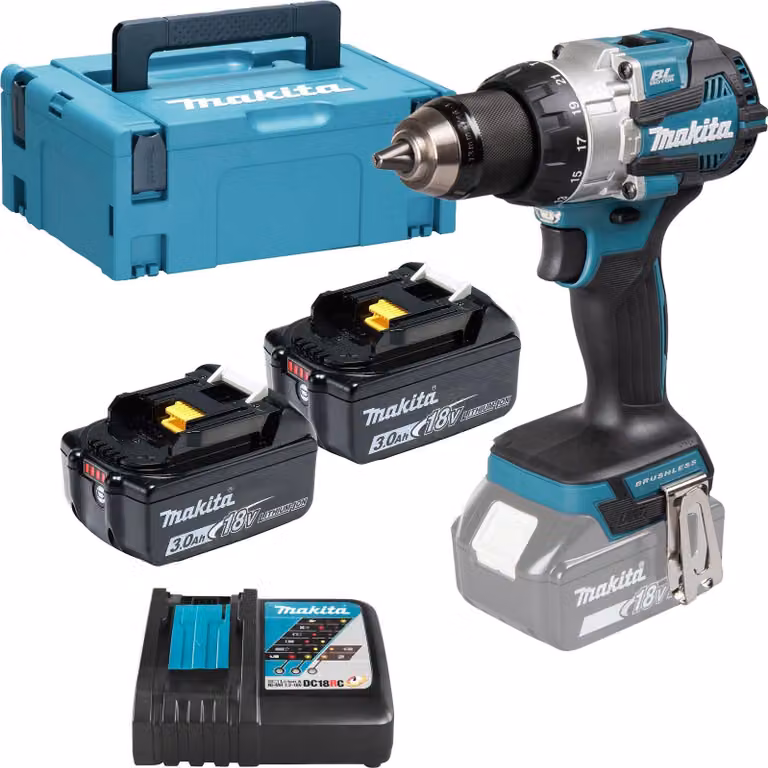 Trapano a percussione a batteria Makita 18V / 2x 3,0 Ah + caricabatterie in MAKPAC - DHP489RFJ