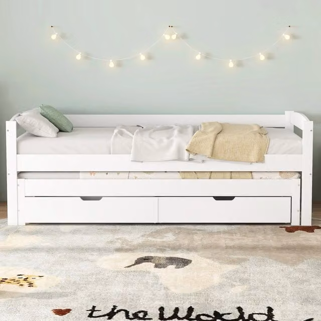 Letto da giorno Elvmi con letto estraibile e 2 cassetti in legno massello e MDF, bianco, L: 205 cm, P: 94,5 cm, H: 70 cm