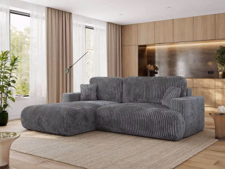 MKS MEBLE divano angolare OVO con funzione letto e box letto, velluto a coste grigio scuro, divano a L, divano angolare a 4 posti, 271x195x95 cm - lato sinistro