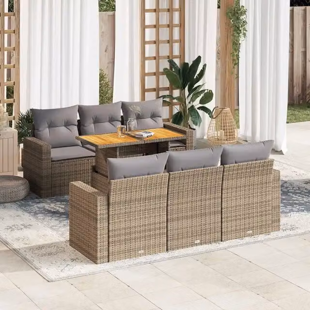 Set da giardino vidaXL composto da 7 pezzi con divano a 3 posti, elementi angolari, tavolino da caffè e cuscini beige in rattan e metallo