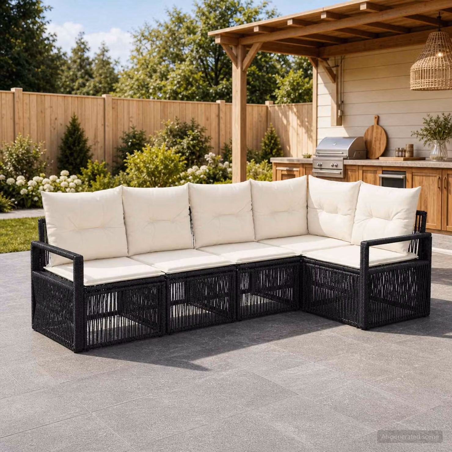Set Divano da Giardino L-Shape vidaXL in Polyrattan Nero con Cuscini Imbottiti e Struttura in Acciaio