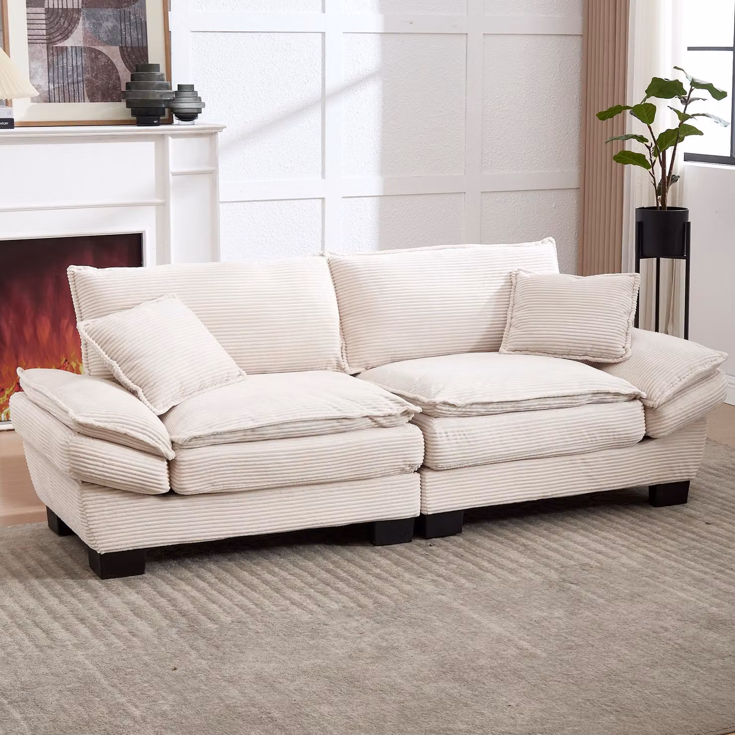 Divano moderno a 2 posti Gomyway in velluto beige con struttura in legno massiccio, L: 224 cm, P: 81 cm, H: 81 cm – 2