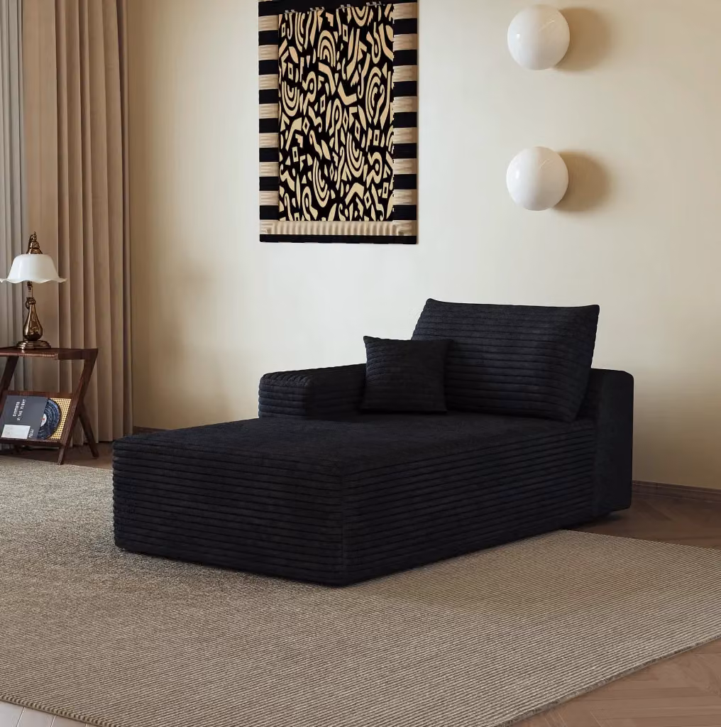 Divano Letto Modulare a L con Chaise Lounge REDOM, Rivestimento in Tessuto Nero, Reversibile con Cuscini Inclusi – 2