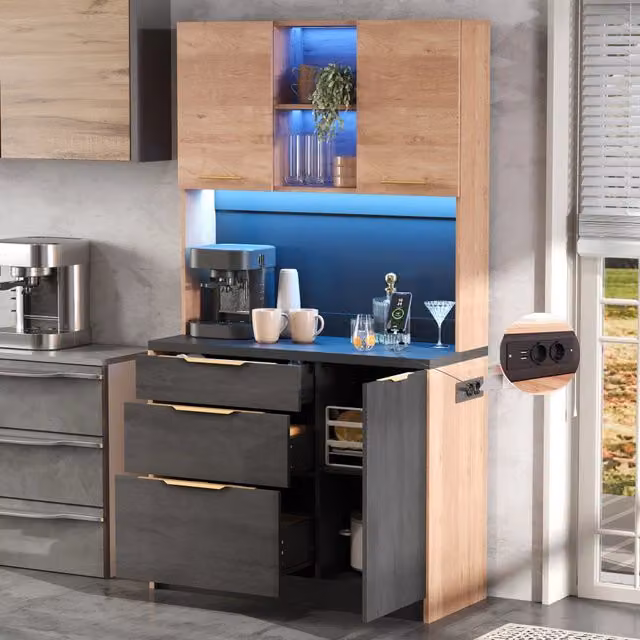 Armadio alto da cucina REDOM in MDF opaco con illuminazione LED e ripiani interni, L/P/H: 100 x 40 x 180 cm, colori grigio o beige
