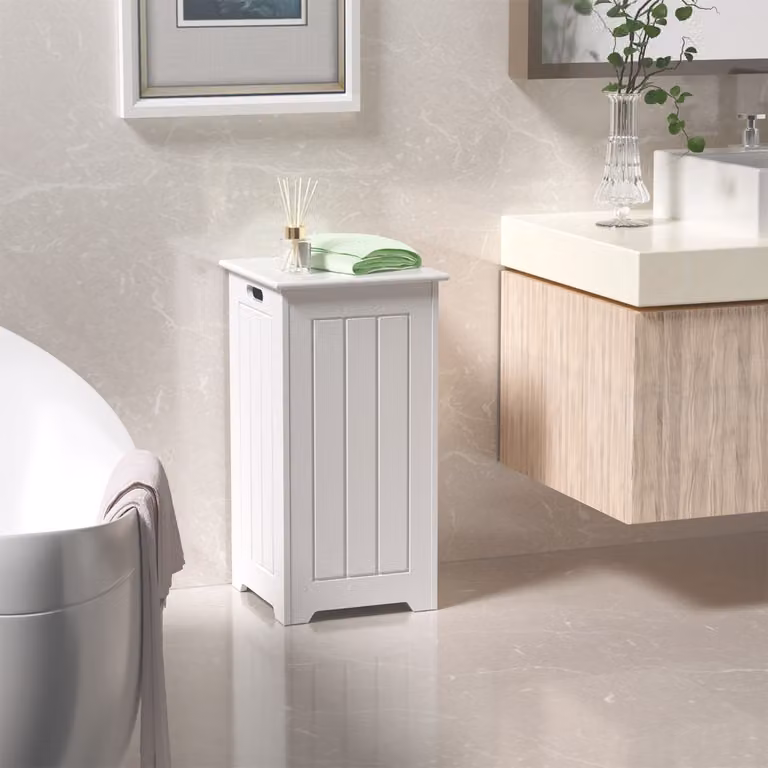 Cesto della biancheria Costway da 34 L con coperchio in metallo e armadietto per bagno, Bianco