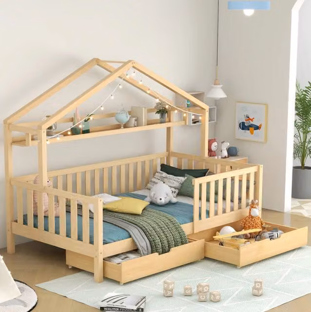 Letto per bambini a casetta con 2 cassetti; 90x200 cm; pino e MDF; naturale