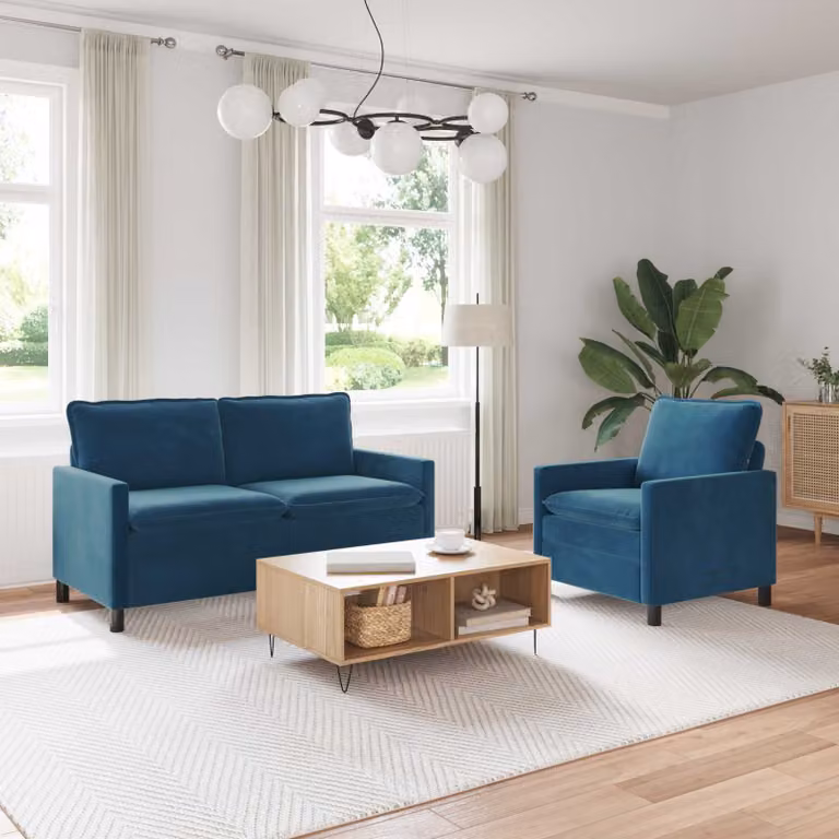 Set di 2 divani moderni vidaXL in velluto blu con struttura in metallo e cuscini inclusi