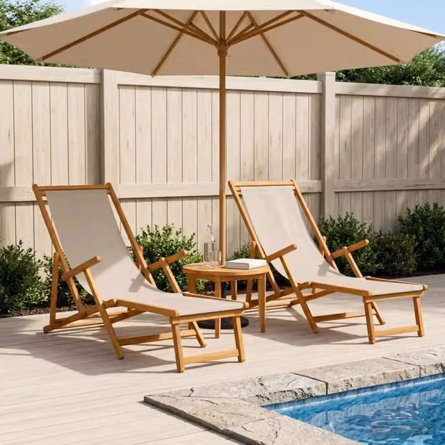 Set di 2 lettini prendisole pieghevoli vidaXL in legno di tiglio con tessuto beige resistente ai raggi UV e poggiatesta regolabile – 1