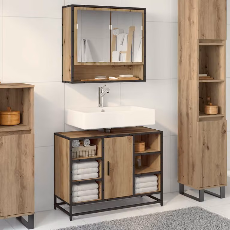 Set di mobili per il bagno vidaXL 2 pezzi in legno e metallo colore marrone rovere con mobile sottolavabo e armadietto con specchio moderno
