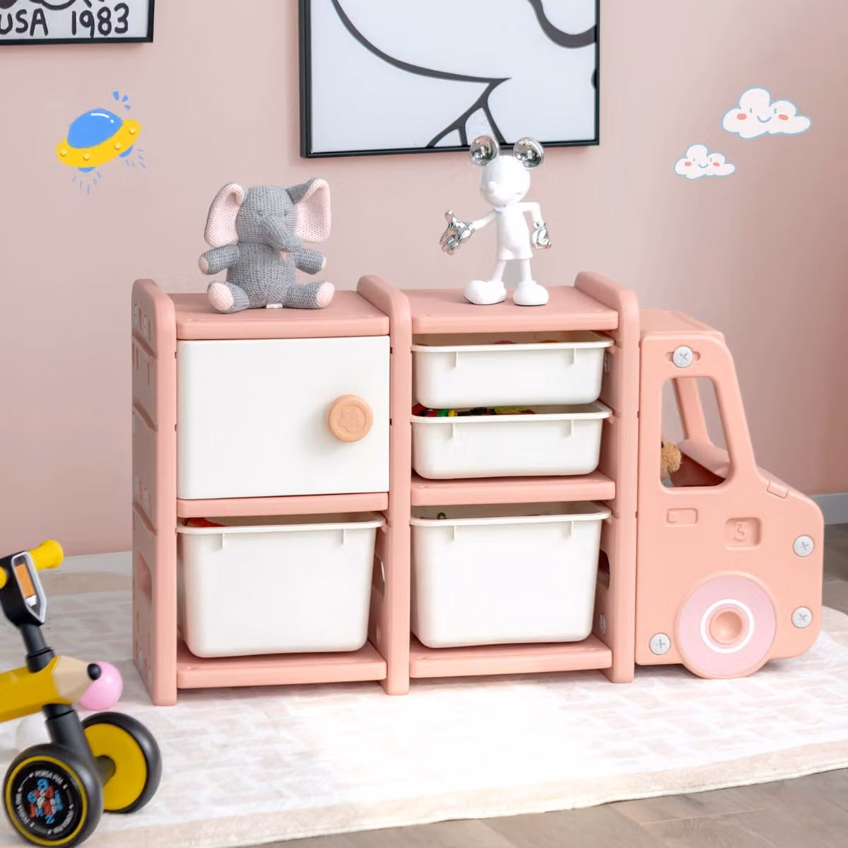 Costway Organizer per giocattoli con scatole 2 livelli per bambini, Scaffale multilivello in HDPE a forma di camion Rosa