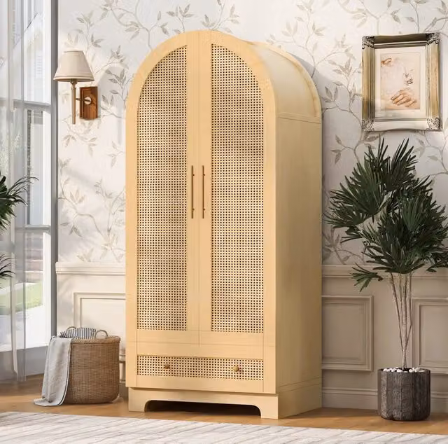 Armadio a 2 ante effetto rattan 70x55x170 cm con 2 cassetti, finitura legno