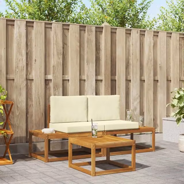 Set da giardino moderno vidaXL composto da divano a 3 posti e tavolino da esterno in legno di acacia trattato con cuscini beige