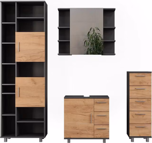 Set di mobili da bagno Ilias Antracite/Rovere dorato 4 pezzi Vicco