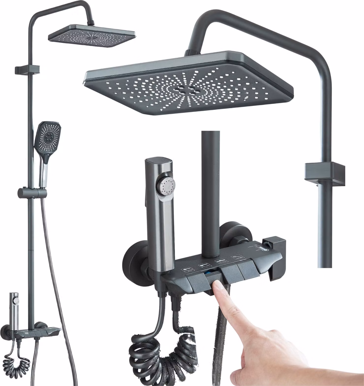 Set doccia con bidet, Ari Grafite, pannello multifunzione, soffione grande 360 gradi, doccetta, cartuccia Vetroceramica, montaggio a parete